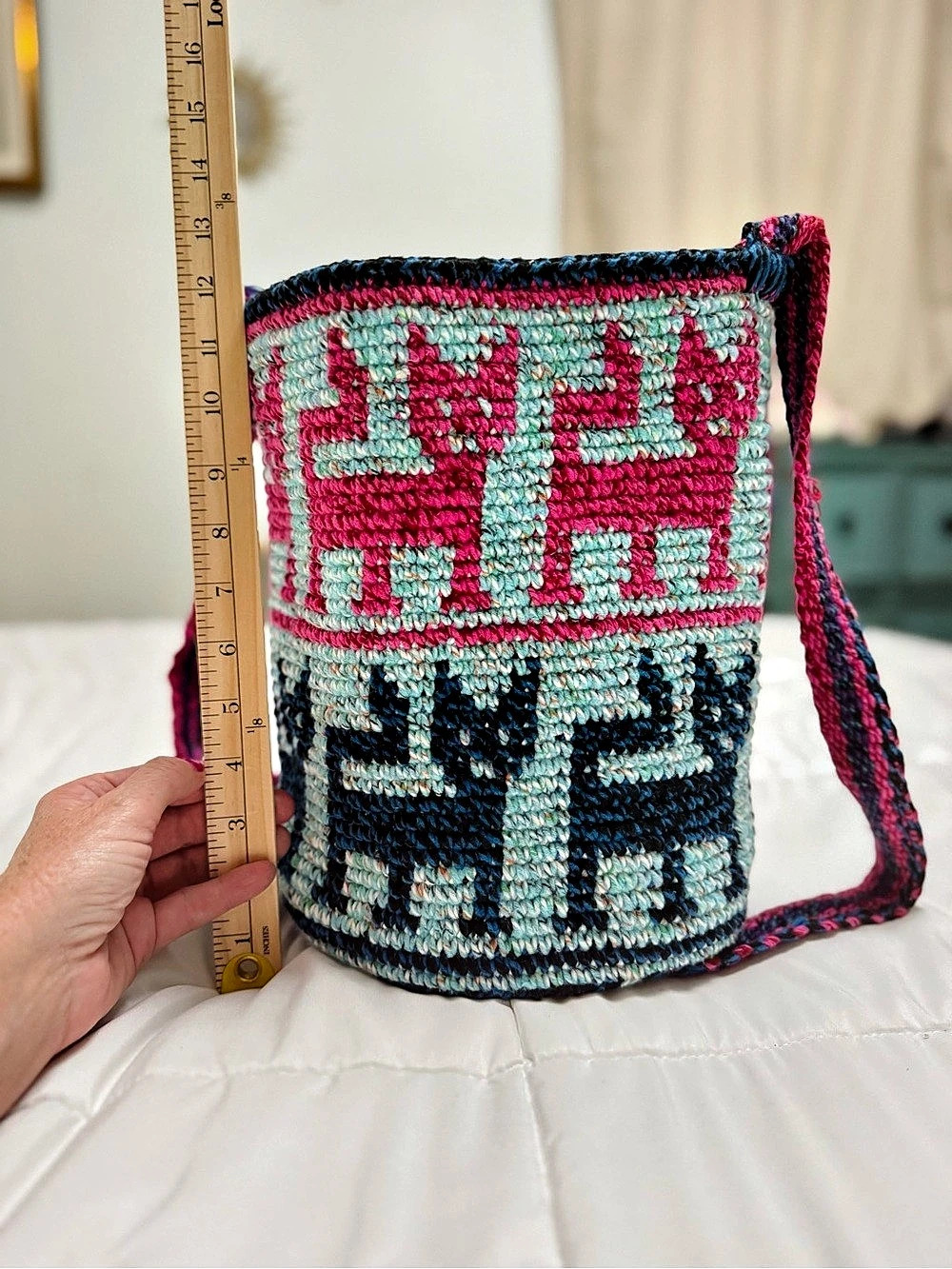 Handwoven Cat/Kitty Crossbody Guatemalan Morral Bag in Pink & Blue - Picture 2 of 7